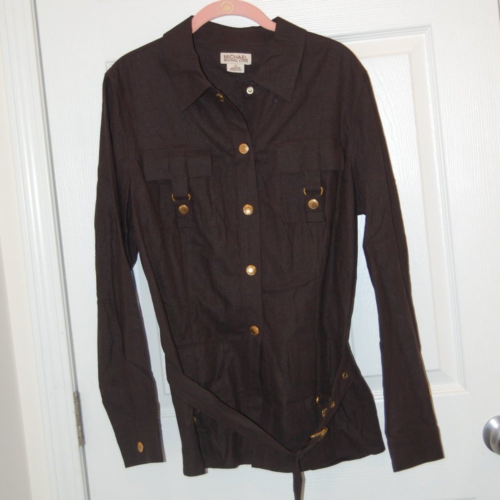 Michael Kors Women's Brown Linen/Rayon Safari Style Jacket W/Belt Size 14